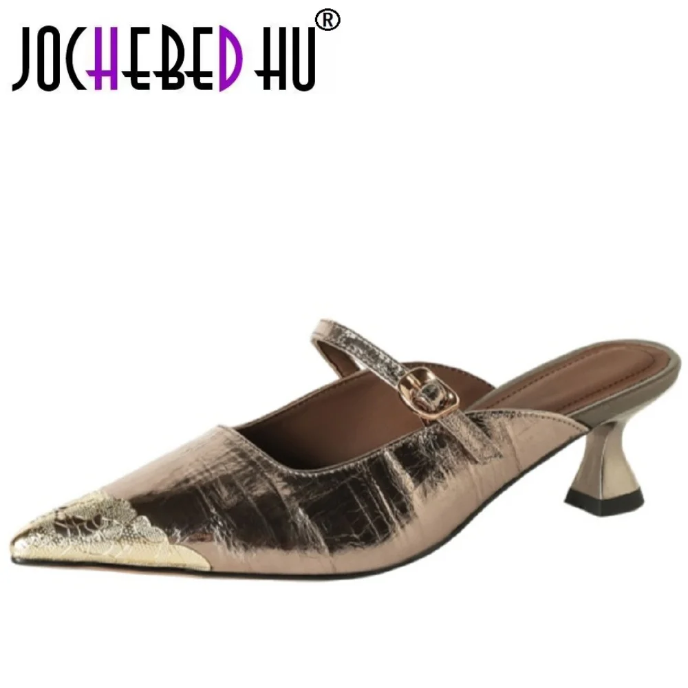 JOCHEBED HUWomen's Summer Handmade Genuine Leather Slip-On Sandals Elegant mid Heel Comfortable Rubber Sole 34-40