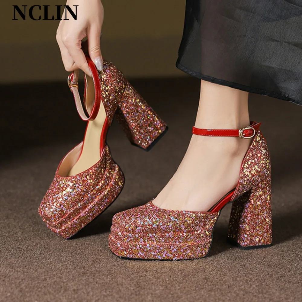 

Mary Jane Shoes Sexy Square Toe Platform Women Pumps 11cm Super High Glitter leather Heels Shoes Red Wedding Thick Heel Size 40