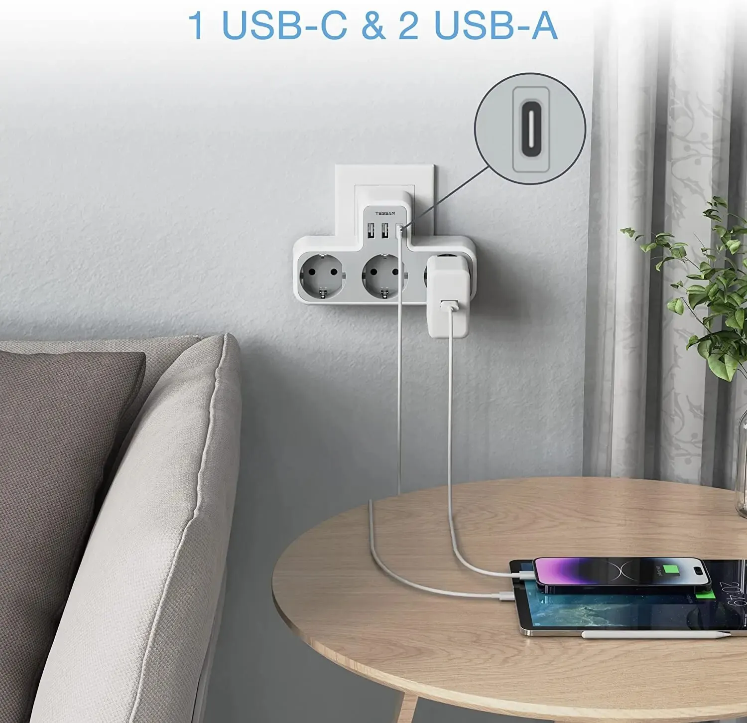 TESSAN EU Plug Power Strip with 3 AC Outlets +2 USB Ports+ 1 Type C, 6-in-1 Plug Socket Adapter Wall Charger for Home Office