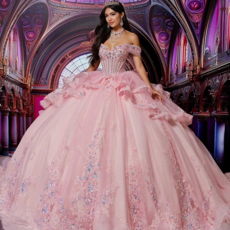 

Pink Shiny Quinceanera Dresses Off The Shoulder Applique Lace Beading Crystal Tull Corset Party Birthday Sweet 16 Dress Vestidos