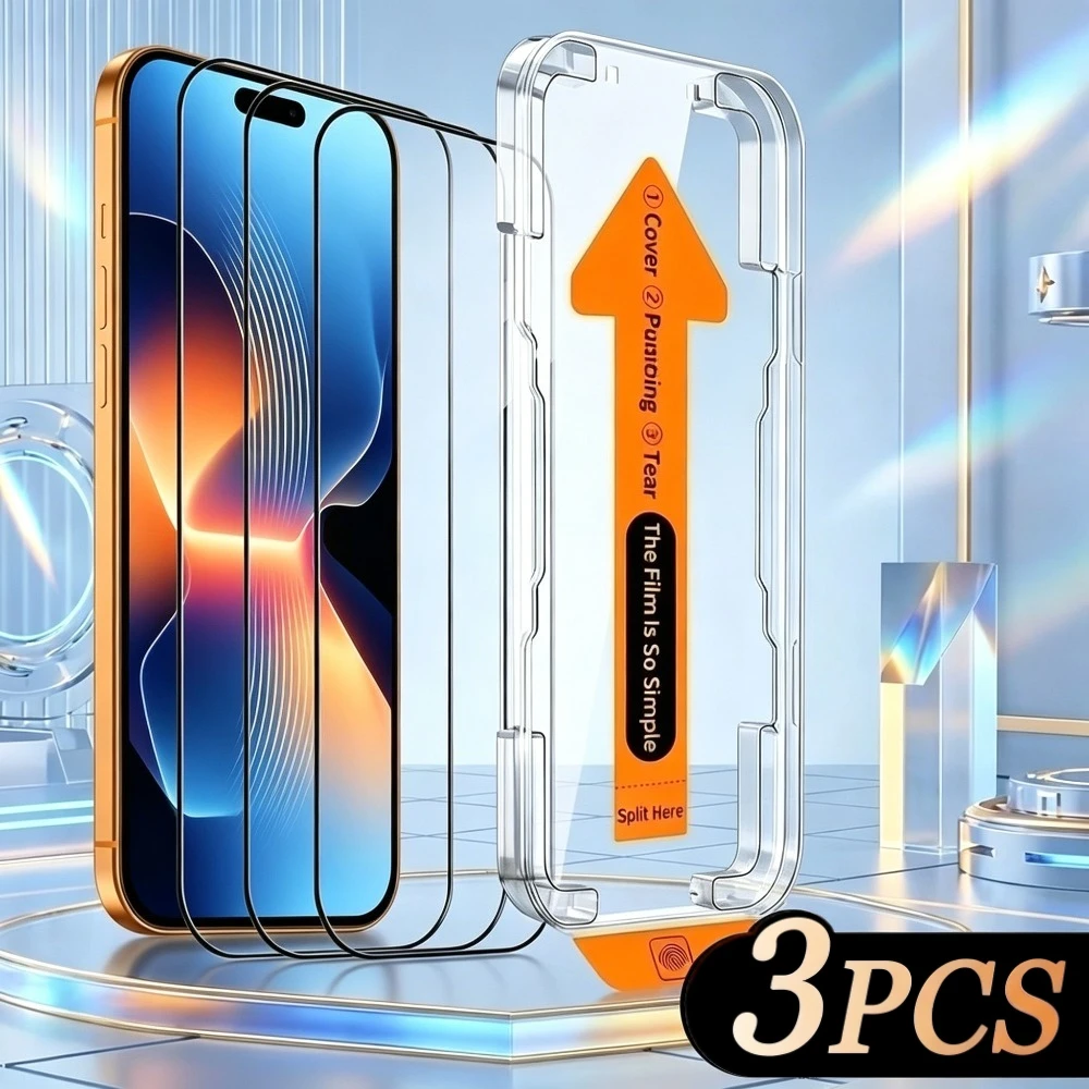 

3Pcs Full Cover HD Screen Protector for iPhone 17 16 15 Pro Max Air 16e 17e 14 13 12 Pro 15 14 Plus One Click Installation Glass