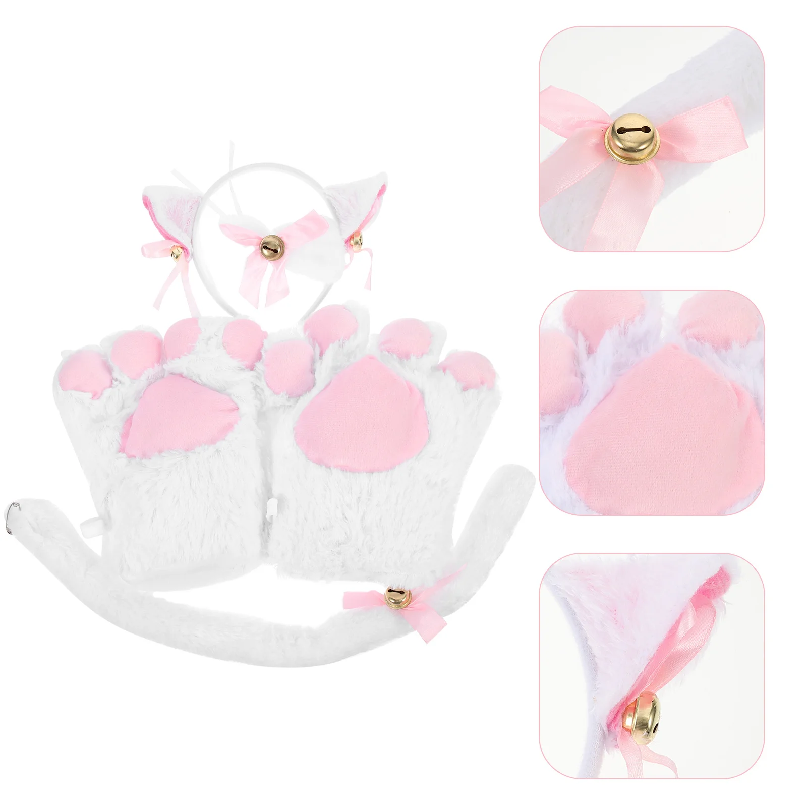 1Set Cat Paw Gloves Set Cute Kitten Costume Accessories for Halloween Party Includes Headband Bow Tie Gloves Tail Comfortable