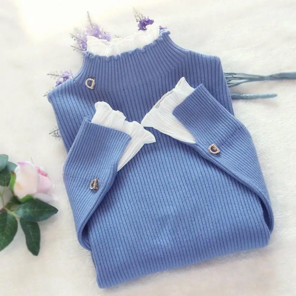 Женские свитера Y2k с высоким воротником, корейские кружевные женские теплые пуловеры в стиле пэчворк, осенние элегантные шикарные женские повседневные топы с расклешенным рукавом