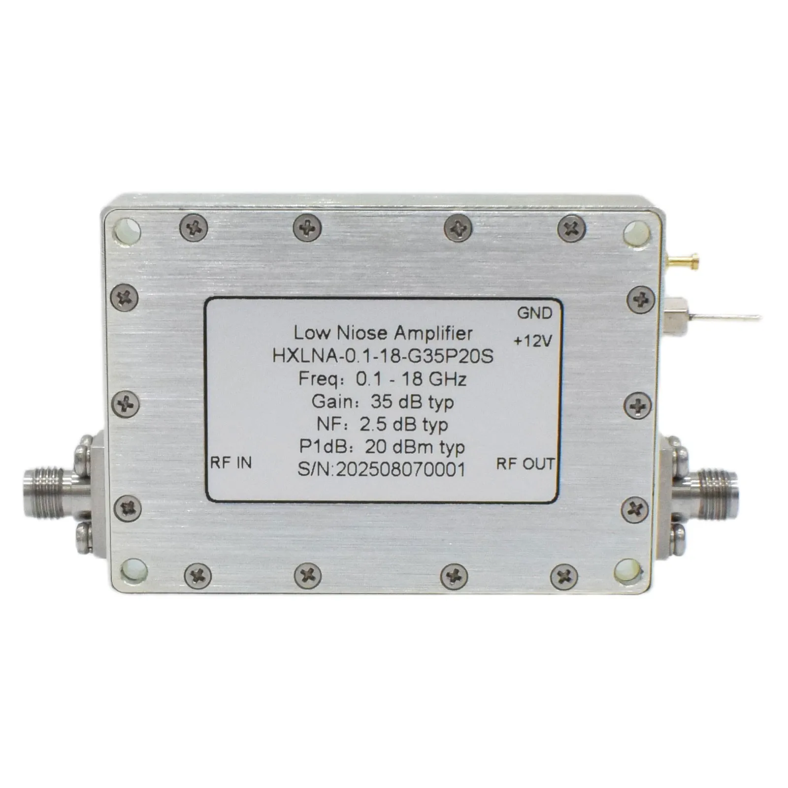 

Ультраширокополосный микроволновый малошумящий усилитель 0.1-18 ГГц с высоким коэффициентом усиления 35 дБ и разъемом SMA Female