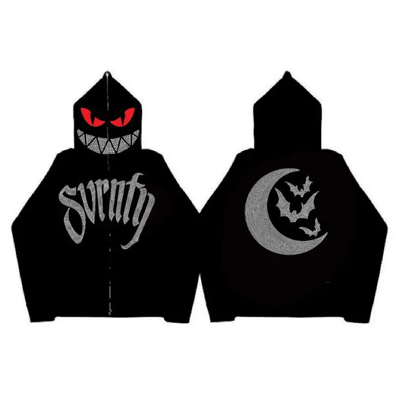 Harajuku Hip Hop Gothic Devil Sweatshirt Y2k Full Zip Hoodie Women's Vintage Long Sleeve Sweatshirt High Street Punk Winter