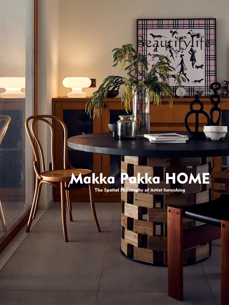 Medieval retro old solid wood round dining table modern light luxury household dining table creative art dining table