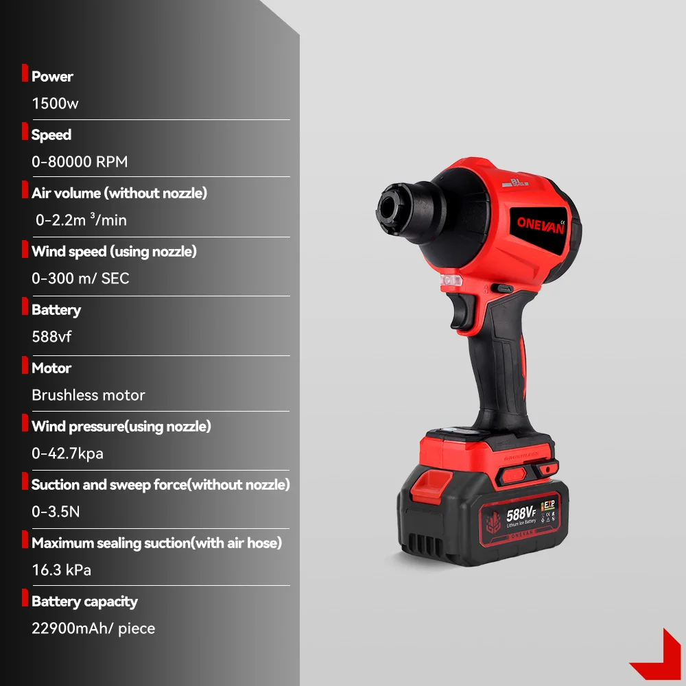 ONEVAN 1500W 브러시리스 송풍기 80000RPM 팽창기 진공 다기능 무선 송풍기 21V 18v 배터리 용 먼지 청소 도구
