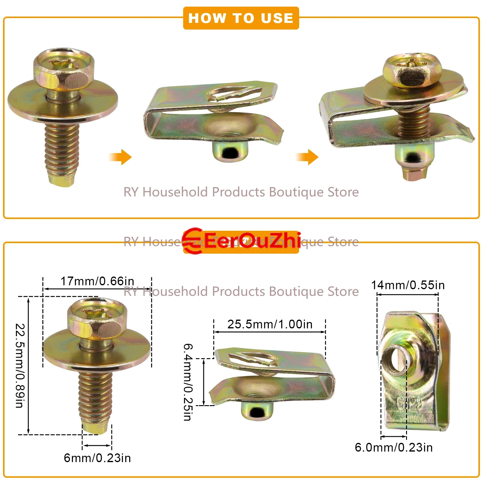 M6 Yellow Galvanized Screw Car Bumper Fender Baseplate Fixing Bolt U Clip