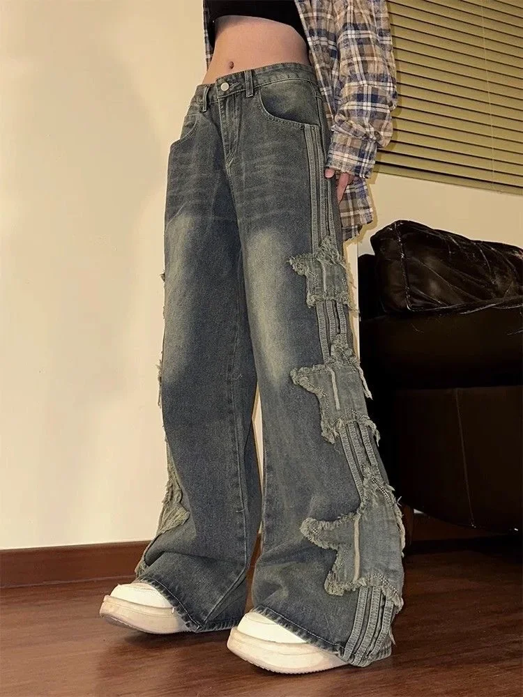 Casual gewassen ster grafische patch vloerlengte jeans noodlijdende rechte vintage denim broek dames wijde pijpen broek streetwear