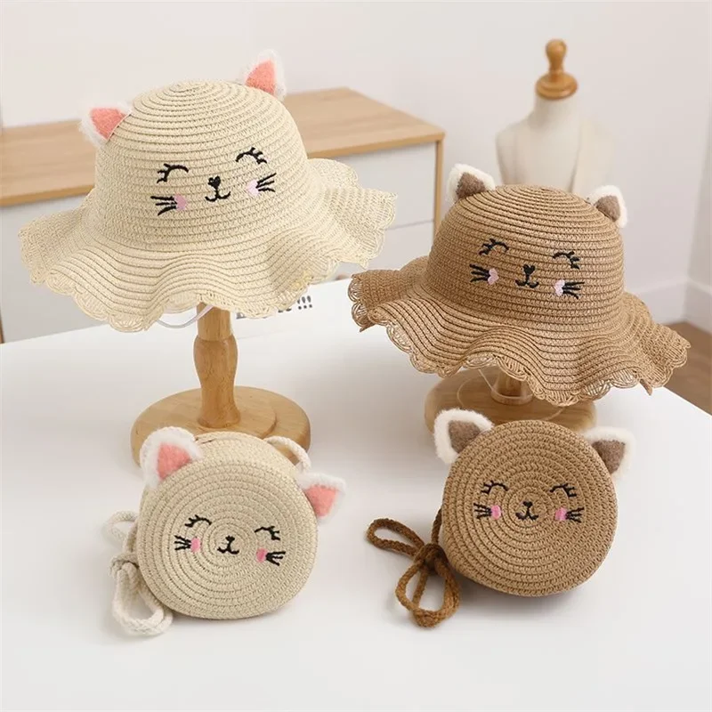 1 Piece of Children\'s Cartoon Cute Three-dimensional Cat Ears Trend Girl Straw Fashion Sweet Mini Change Straddle Bag