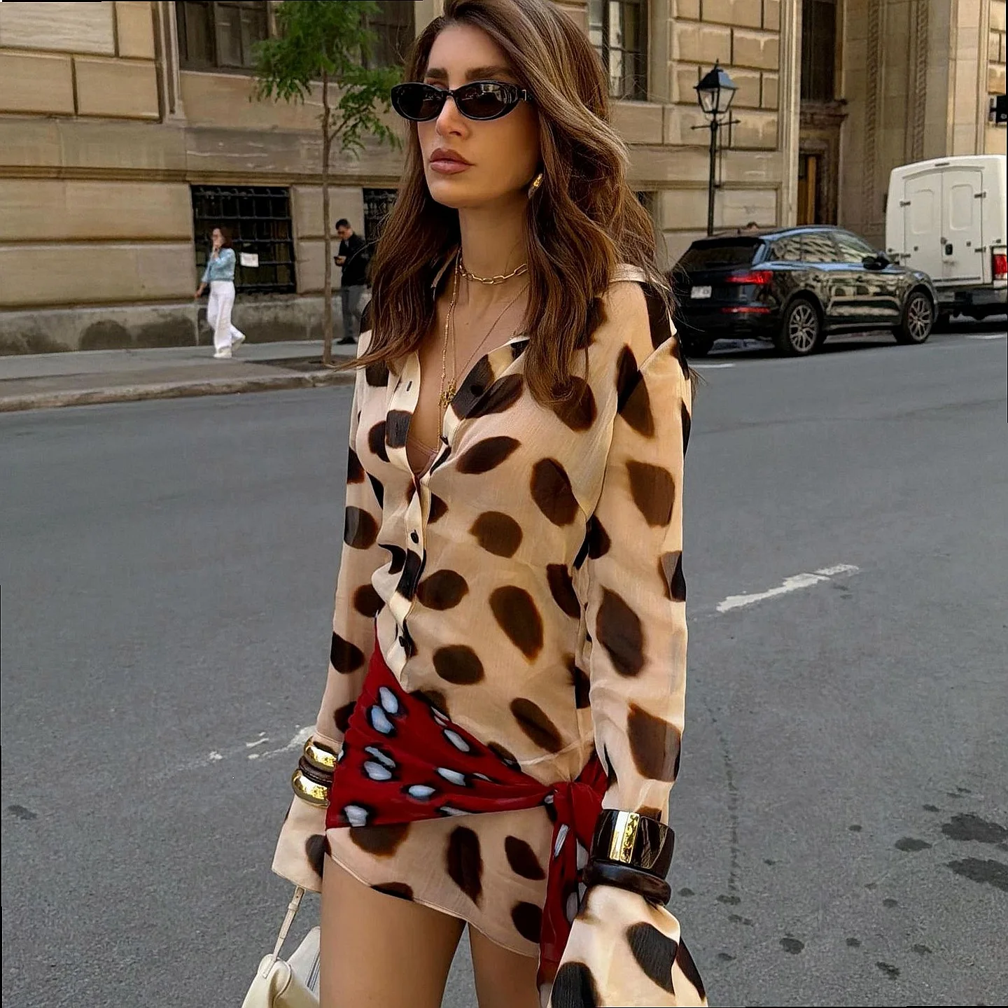 Contrasting Polka Dot Wrap Dress Lace-up Apron Dress Women's Summer Medium Dress High Quality Blouse Top Dresses