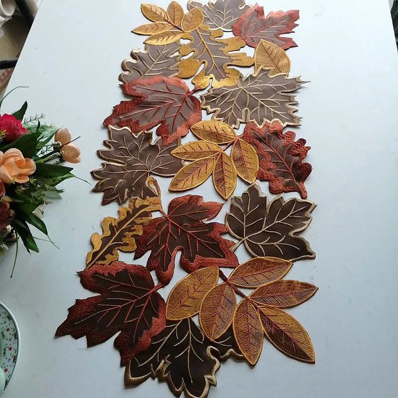 1pc outono maple leaf bordado corredor de mesa oco para fora reunido marrom maple design rústico fazenda ação de graças harvas