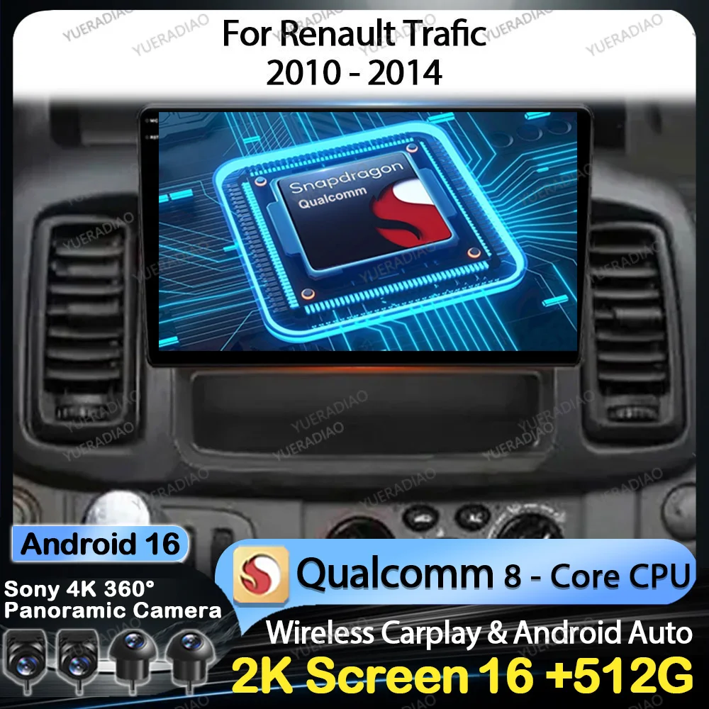 Rádio Automotivo Android 16 para Renault Trafic Nissan Primastar Opel Vivaro 2010 2011 2012 2013 2014 Qualcomm GPS NAVI 2DIN QLED BT