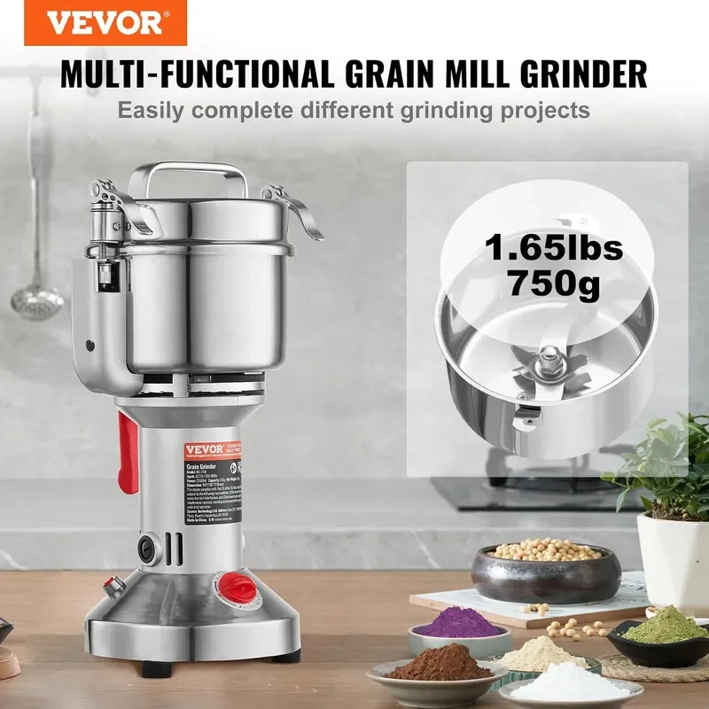 750g Electric Grain Mill Grinder High Speed 2000W Commercial Spice Grinders Stainless Steel Pulverizer Powder Machine for Dry