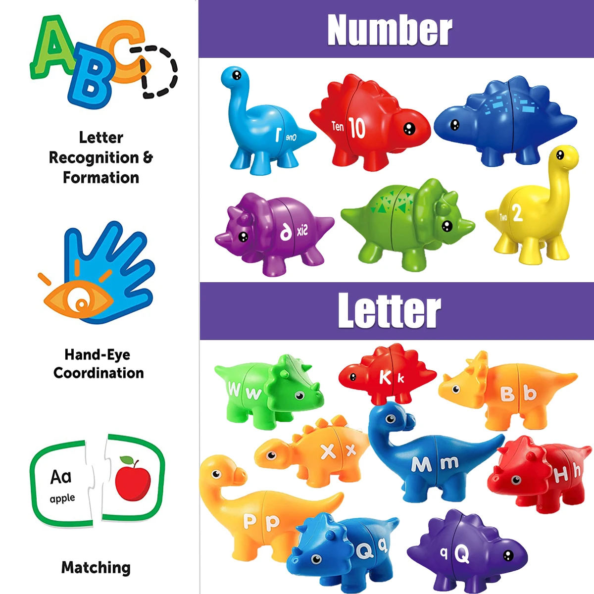 Matching Letters Fine Motor Toy ABC Dinosaur Alphabet Match Game with Uppercase Lowercase Montessori Learning Toys for Boy Girl