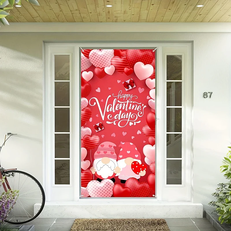 Valentine's Day Door Cover Heart Gnome Print Large Size Door Banner Background for Home