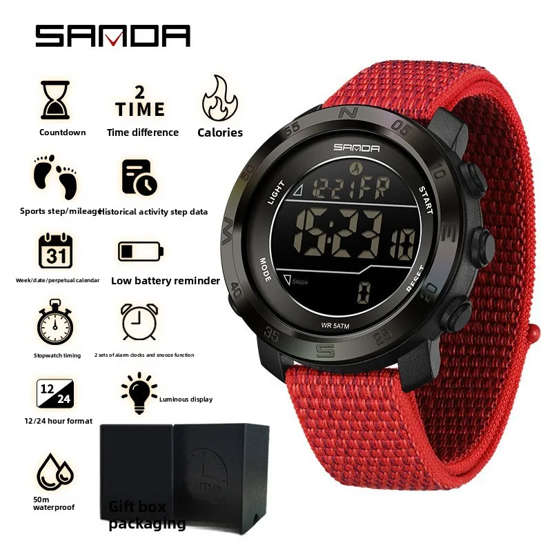 

SANDA 2213 Youth Outdoor Electronic Watch Nylon Breathable Strap 5ATM Waterproof Calorimeter Step Exercise Monitoring Watch