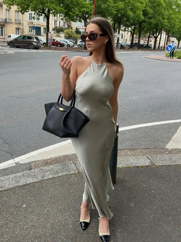 

Сексуальное атласное платье-халтер без спинки, повседневное, без рукавов, с открытыми плечами, с завышенной талией, длинное, 2026, для женщин, для отпуска и вечеринок, Vestido