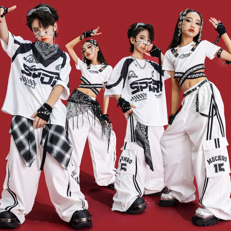 

Детский укороченный топ в стиле хип-хоп K-pop, брюки-карго для уличных танцев, плиссированные юбки, уличная одежда для девочек, детские джазовые костюмы, комплекты сценической одежды