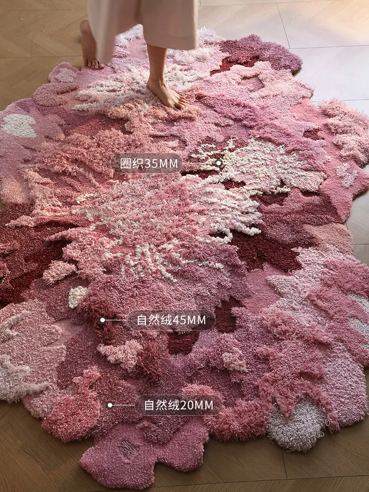 Handmade irregular art wind carpet, living room wool pink flower sea high-end romantic bedroom bedside blanket