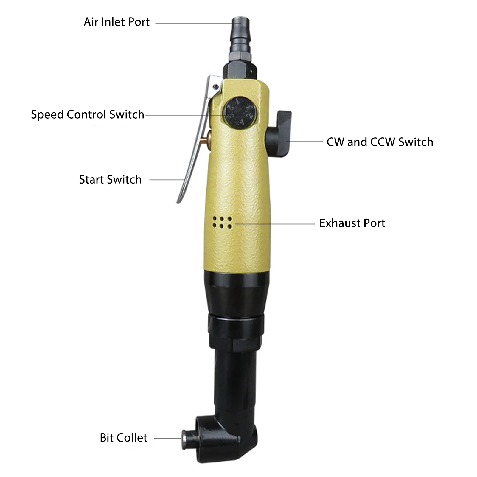 1/4 inch inlaat pneumatische schroevendraaier met bits elleboog luchtschroevendraaier 0,5-0,7Мpa 8500 tpm 1/4 inch inlaat schroevendraaier