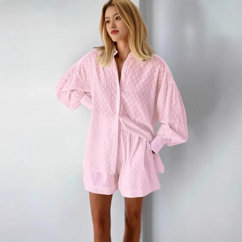 Autumn Women's Jacquard Puff Sleeve Shirt Shorts Commuter Casual Set