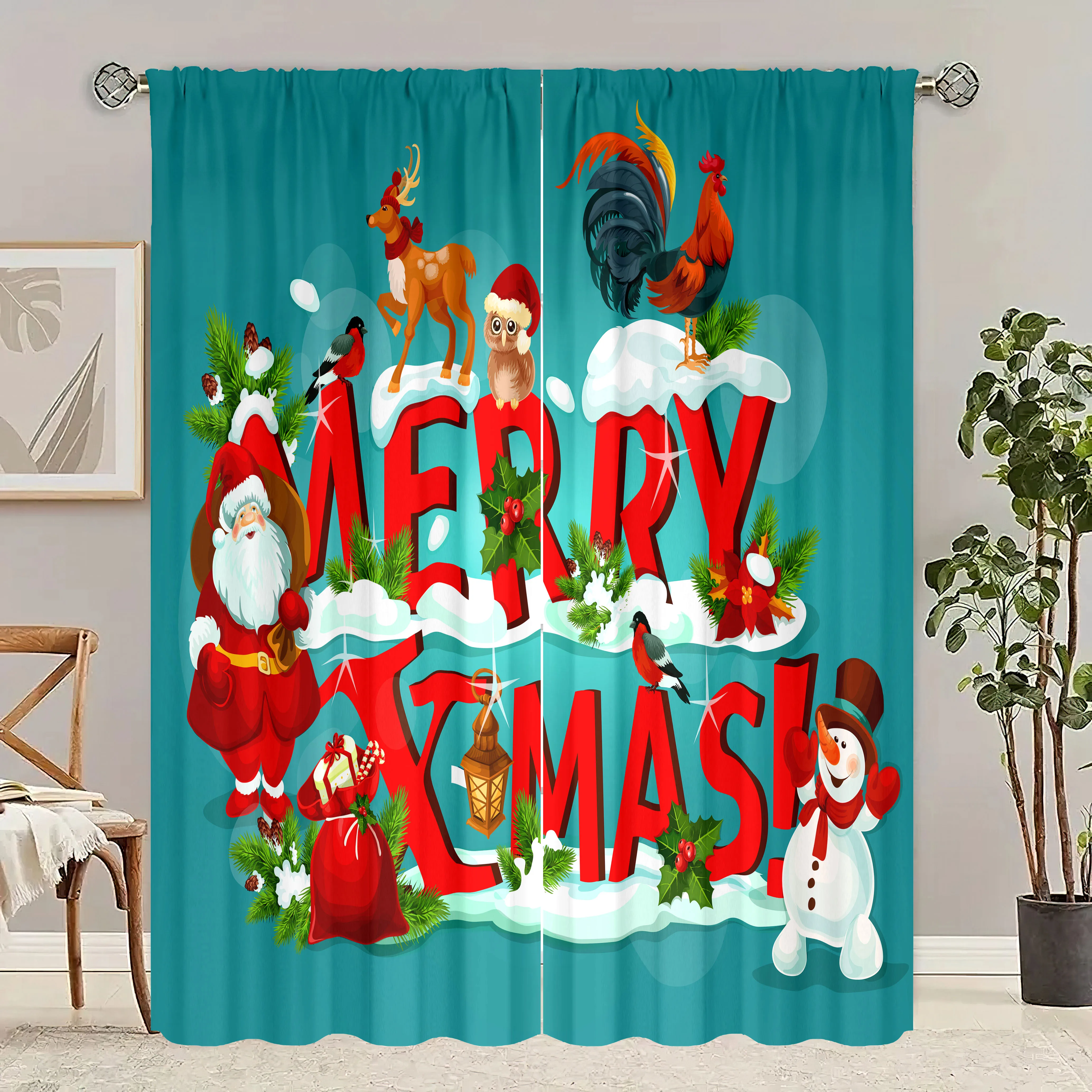 

2 pieces - Winter Christmas decoration printed curtain - Polyester material - suitable for bedroom, living room, study