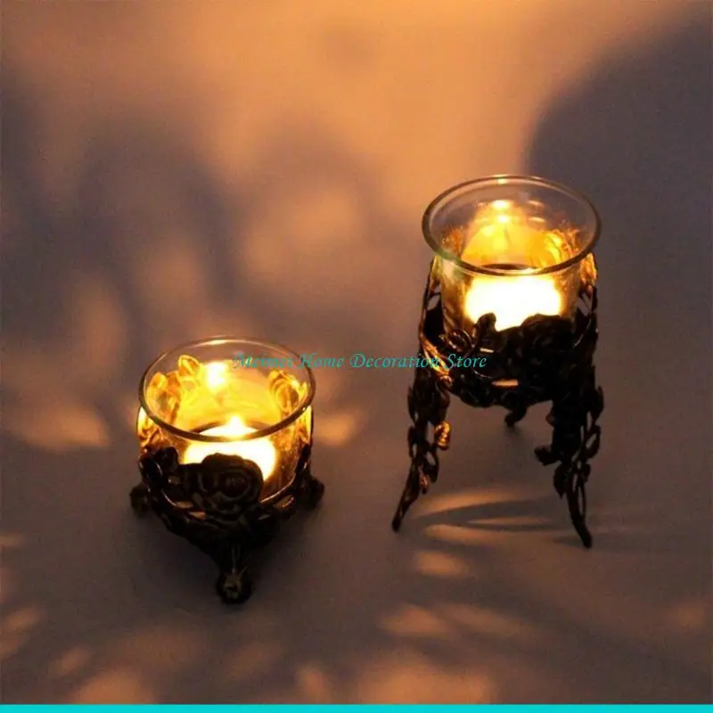 H7BF Romantics Hollow Carved Iron Base with Glass Tealight Stand Antique Candlestick for Vintage Interior Styling