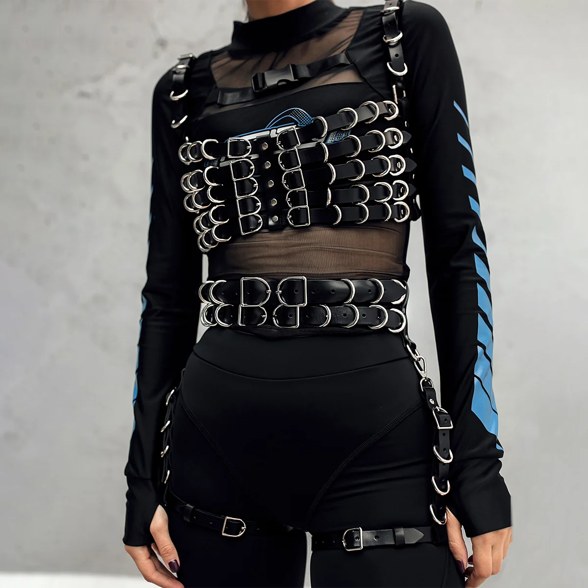 Harness PU Leather Metal Ring Adjustable Shoulder Strap Gothic Chest Belt Set Punk Accessory For Rave Party Dating Festival