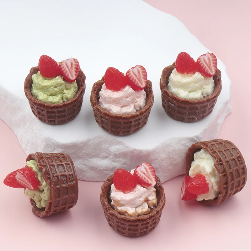 6/60PCS Strawberry Ice Cream Cake Series Dollhouse Miniature Flat Back Resin Cabochons For Charm DIY Home Decor Craft Accessory