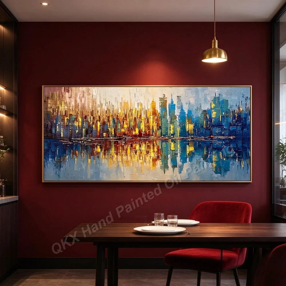 Hand-Painted 3D Textured Cityscape Oil Painting on Canvas - Large Abstract Skyline Wall Art Urban Decor for Living Room Home