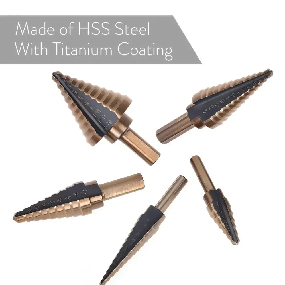 Hss Cobalt Titanium Step Cone Drill Bit Set com Caixa De Alumínio, Cortador De Buraco, Ferramentas Manuais, Vários Tamanhos, 5Pcs