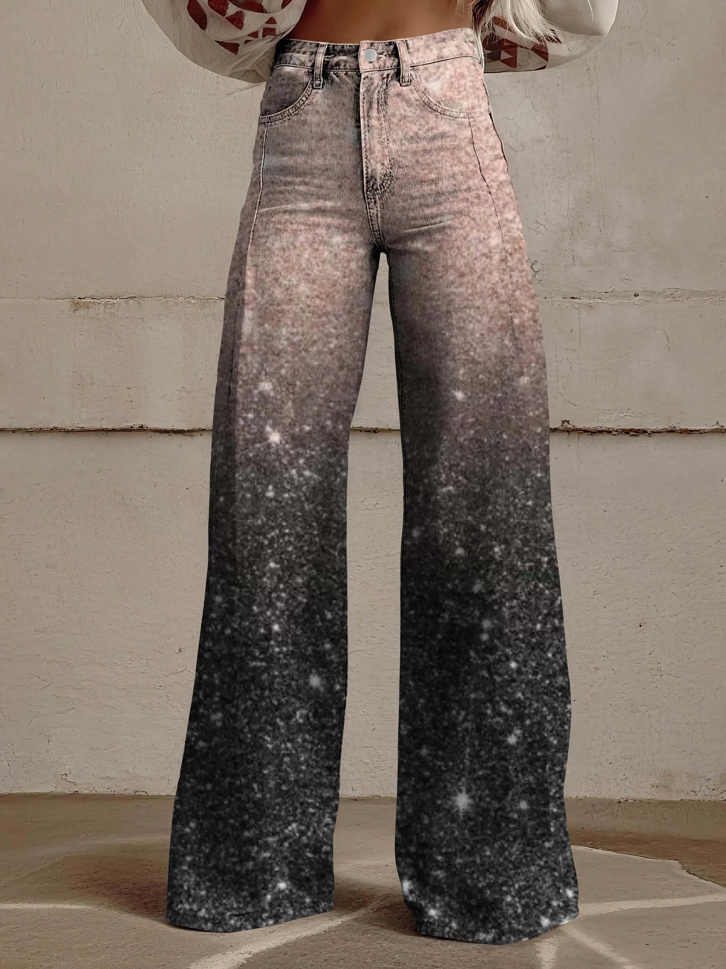 

2026 Women's new printed jeans with imitation denim fabric, casual and fashionable retro bee patterns, Pants like shooting stars
