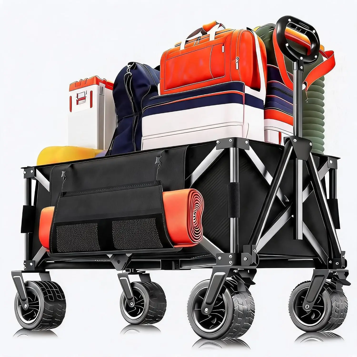 Foldable Wagon Cart – 460 lb Capacity, 280L Collapsible Utility Wagon with All-Terrain Wheels, Drink Holders, Storage Cover & Elastic Rope, for Groceries, Shopping, Camping, Sports – Black