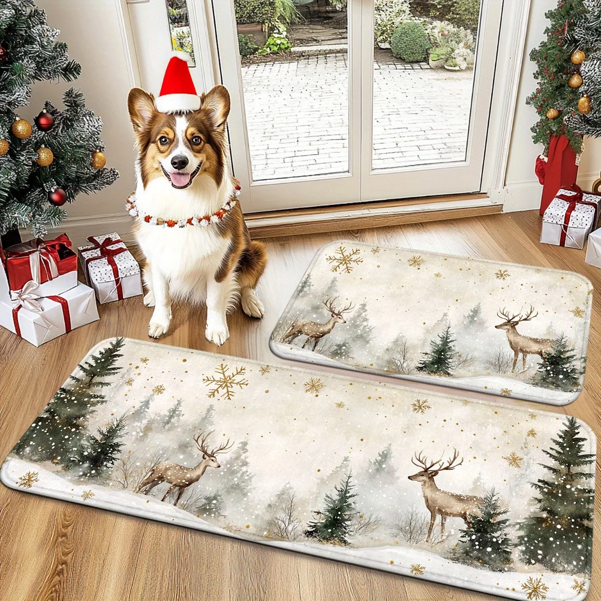 VIKAMA Set Christmas Kitchen Floor Mats Non Slip Washable Misty Forest Deer Snow Scene Runner Rug for Family Xmas Holiday Decor