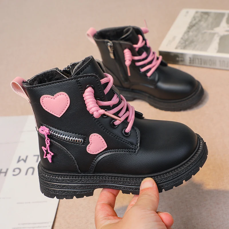 Pink/black Girls Leather Boots with Low Cut Anti Slip Side Zipper Winter Outdoor Girls Fashion Cotton Boots Sandalias De Mujer