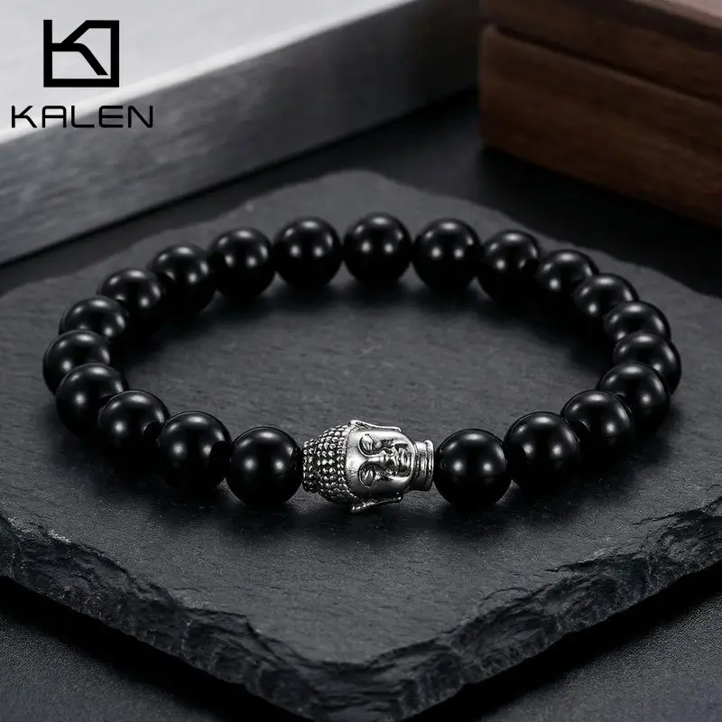 KALEN Vintage Buddha Statue Stainless Steel Bead Bracelet For Men Best Wishes Fashion Jewelry Party Gifts Religious Accessories