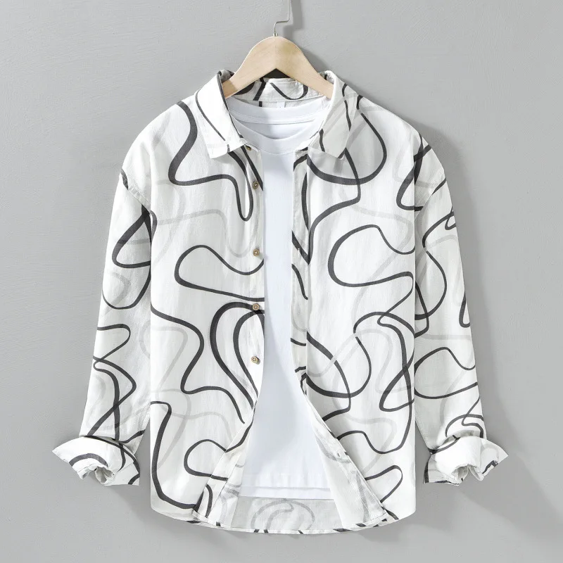 Korean Fashion Mens Long Sleeve Printed Shirt Spring Summer Streetwear New Male Shirts 20% Linen Shirt Youthful Tops Breathable