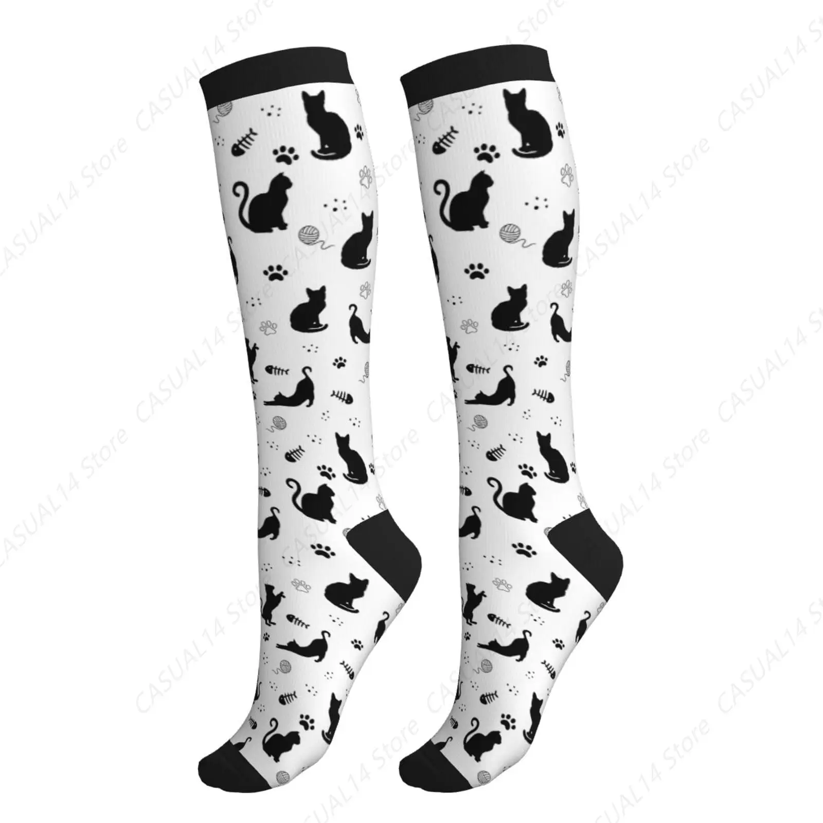 أبيض وأسود القط جوارب ضغط العجل الركبة عالية دعم الجوارب الجدة للنساء الرجال رياضي الجري المشي لمسافات طويلة ممرضة