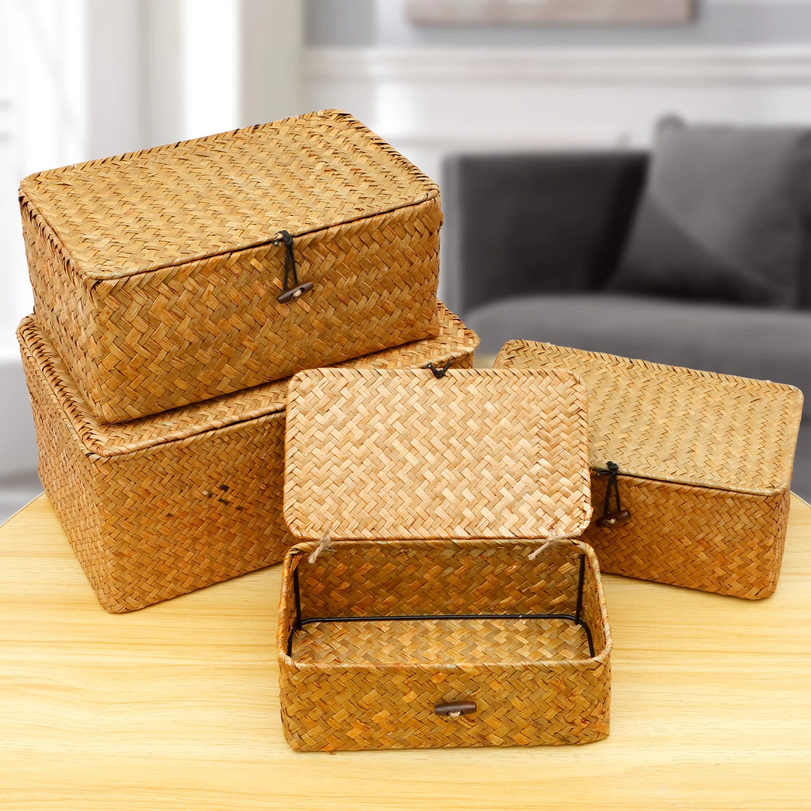 

4Pcs Seagrass Rattan Storage Bin Household Clothes Toy Storage Box for Living Room Table Sundries Organizers Basket