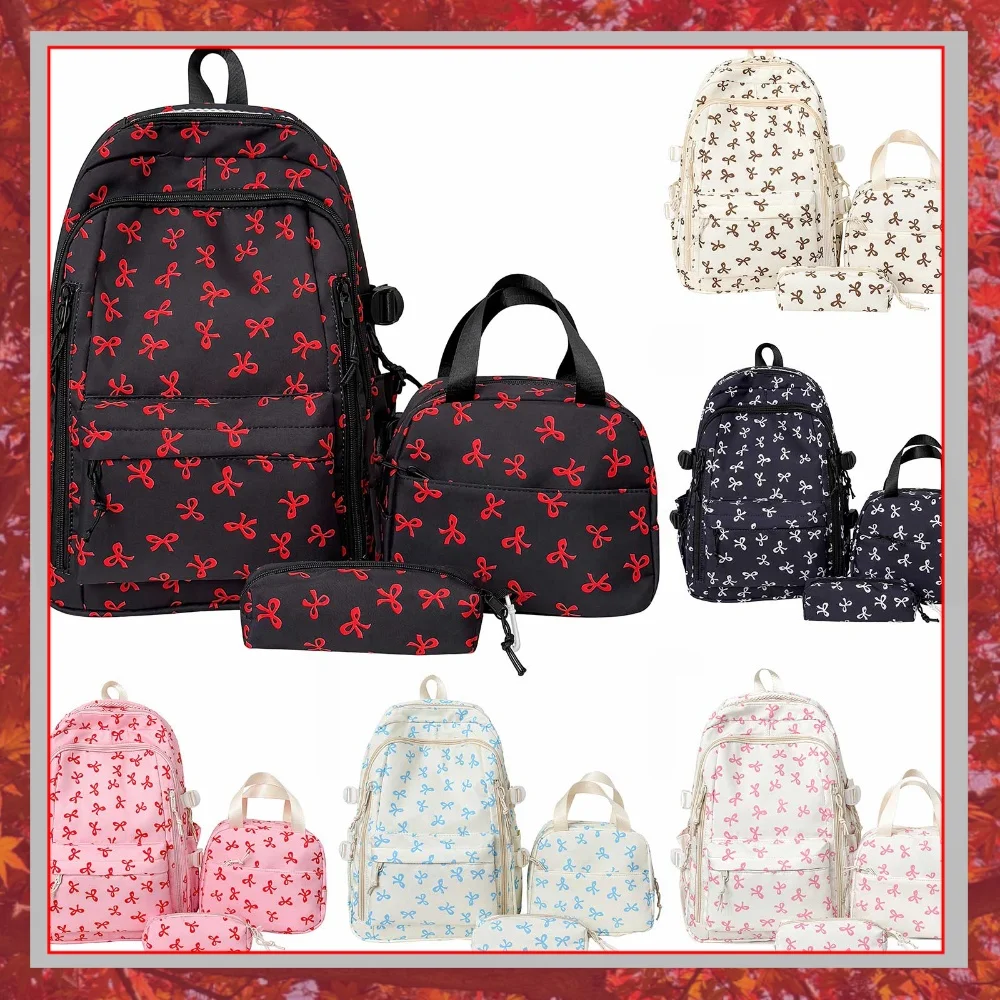 Coquette Bow Cute Kawaii Backpack Set with Lunch Box and Pencil Pouch Aesthetic Preppy Backpack for Teens Girls Students