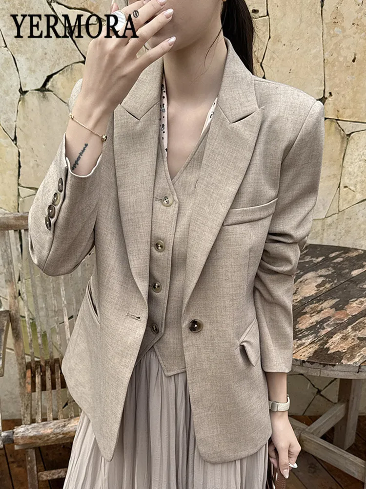 

YERMORA Coffee Buckle Big Size Casual Blazer For Women Lapel Long Sleeve Loose New Jacket Fashion Tide Spring Autumn 2026