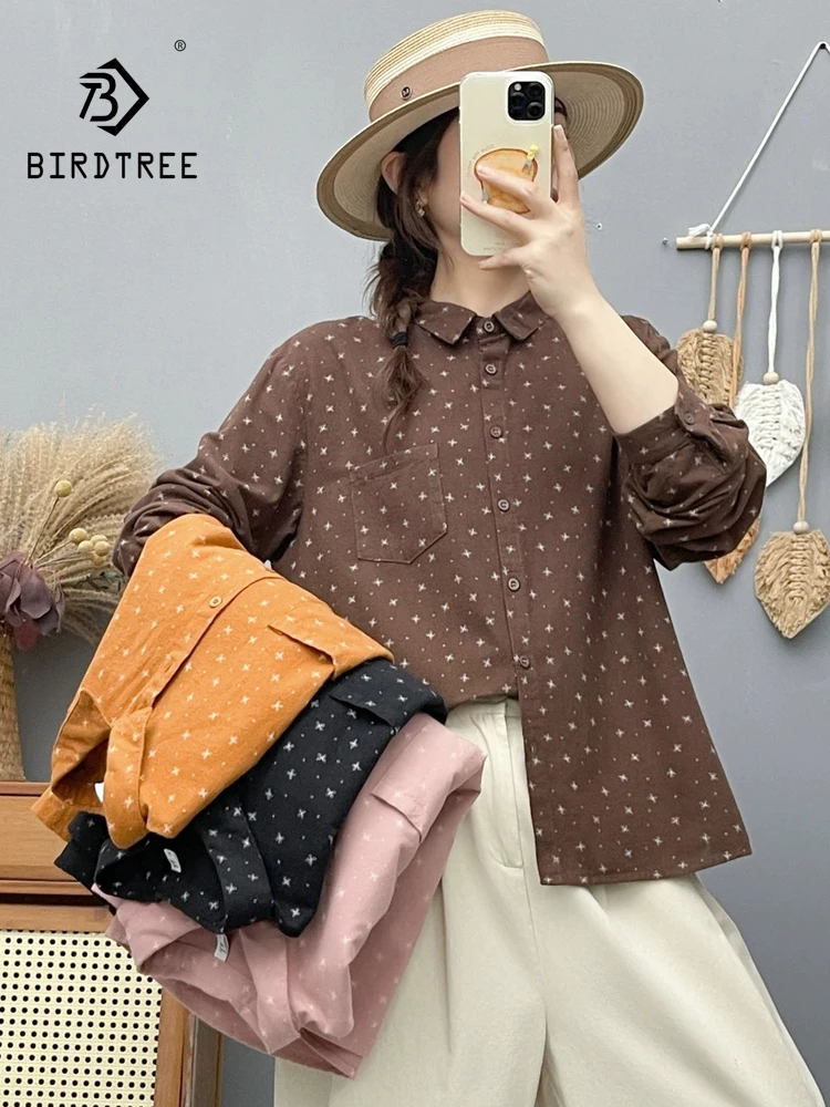 New 2026 Autumn Women Brushed Cotton Long Sleeve Shirt, Turn-down Collar Print, Mori Girl Korean Commute Loose Blouse T6O424CC