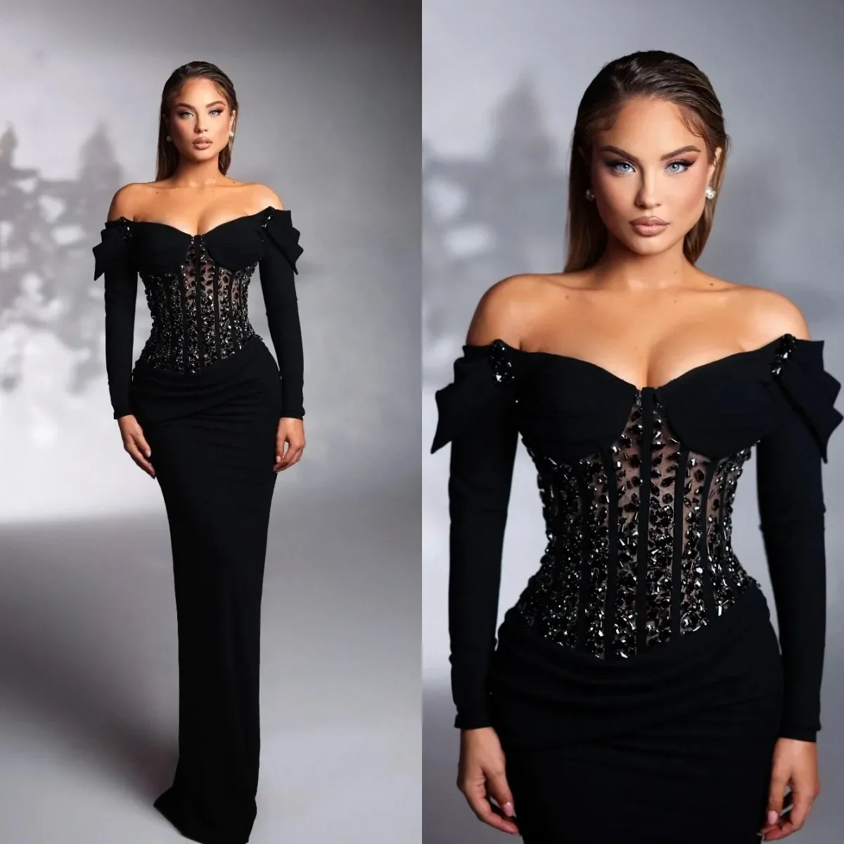 

Элегантные черные вечерние платья русалки со стразами по индивидуальному заказу, с открытыми плечами и длинными рукавами, с скользящим шлейфом, вечернее платье