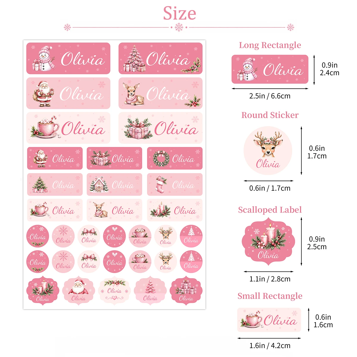 136pcs Personalized Christmas Name Stickers Pink Custom Labels 4 Shapes for Gift Bags Boxes Bottles Party Favors