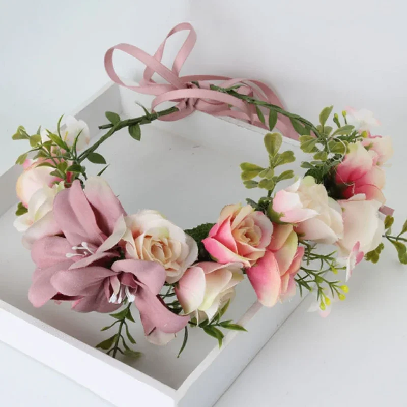 

Handmade Adjustable Flower Wreath Headband Halo Floral Crown Garland Headpiece,purple Pink for Women Bride