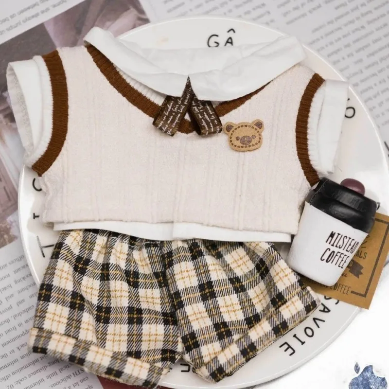 

1 set School Uniform for 20cm Cotton Doll Plaid Shorts Knitted Vest Cotton Idol Doll Clothes Outfit Fashion Plush Doll Clothing
