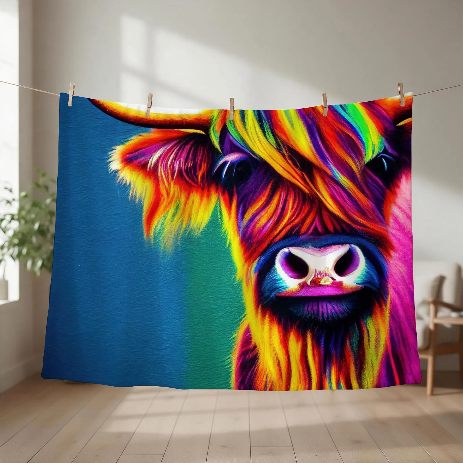 Rainbow Scottish Highland Cattle, colorful Throw Blanket couch cozy soft plush fuzzy picnic outdoor blanket