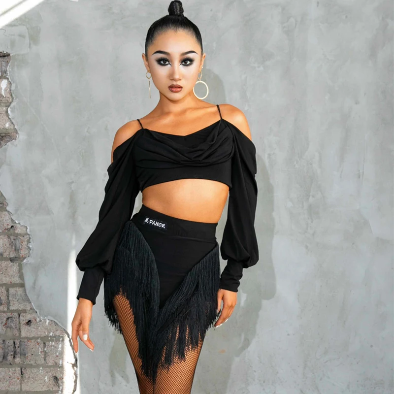 Adults Latin Dance Performance Costume Long Sleeves Short Top Tassels Skirt Women'S Latin Dance Clothing Practice Suits SL10643