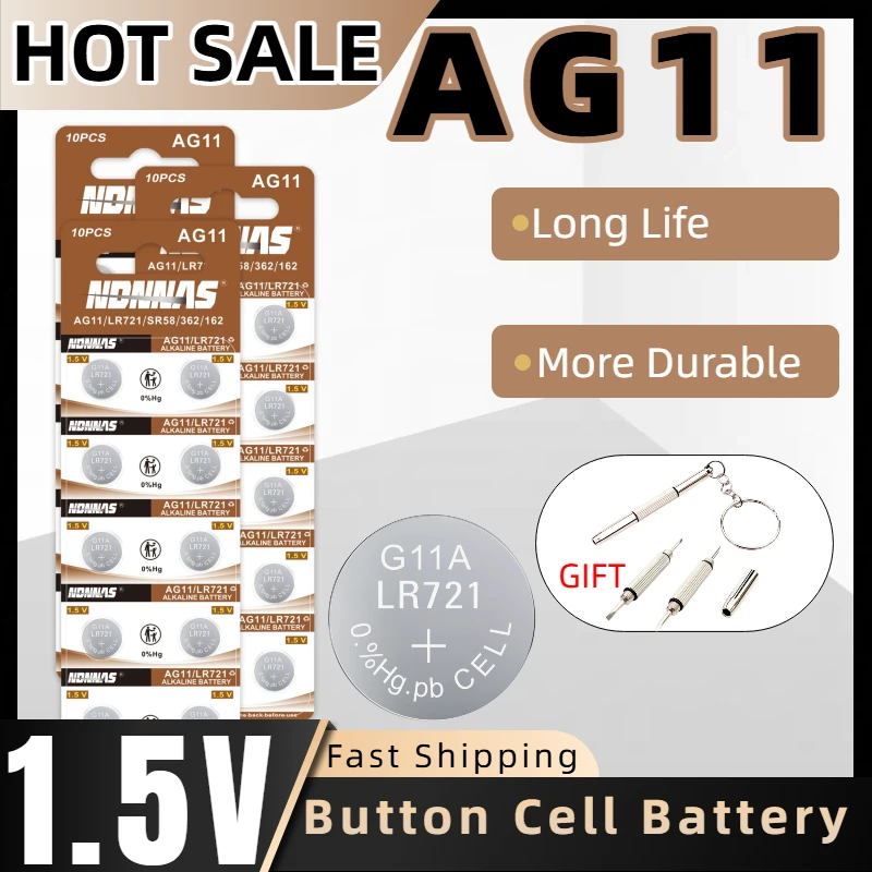AG11 LR721 1.5V Alkaline Button Coin Cell Battery Long Lasting High Capacity Replacement for Watch Key Electronic Devices Toys